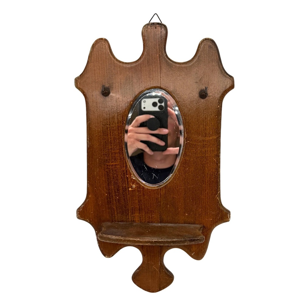 Vintage Wood Wall Mirror with Shelf and Hooks Rustic Farmhouse Entryway Decor